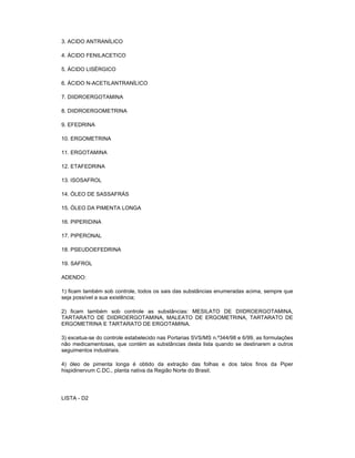 3. ACIDO ANTRANÍLICO
4. ÁCIDO FENILACETICO
5. ÁCIDO LISÉRGICO
6. ÁCIDO N-ACETILANTRANÍLICO
7. DIIDROERGOTAMINA
8. DIIDROERGOMETRINA
9. EFEDRINA
10. ERGOMETRINA
11. ERGOTAMINA
12. ETAFEDRINA
13. ISOSAFROL
14. ÓLEO DE SASSAFRÁS
15. ÓLEO DA PIMENTA LONGA
16. PIPERIDINA
17. PIPERONAL
18. PSEUDOEFEDRINA
19. SAFROL
ADENDO:
1) ficam também sob controle, todos os sais das substâncias enumeradas acima, sempre que
seja possível a sua existência;
2) ficam também sob controle as substâncias: MESILATO DE DIIDROERGOTAMINA,
TARTARATO DE DIIDROERGOTAMINA, MALEATO DE ERGOMETRINA, TARTARATO DE
ERGOMETRINA E TARTARATO DE ERGOTAMINA.
3) excetua-se do controle estabelecido nas Portarias SVS/MS n.º344/98 e 6/99, as formulações
não medicamentosas, que contém as substâncias desta lista quando se destinarem a outros
seguimentos industriais.
4) óleo de pimenta longa é obtido da extração das folhas e dos talos finos da Piper
hispidinervum C.DC., planta nativa da Região Norte do Brasil.

LISTA - D2

 