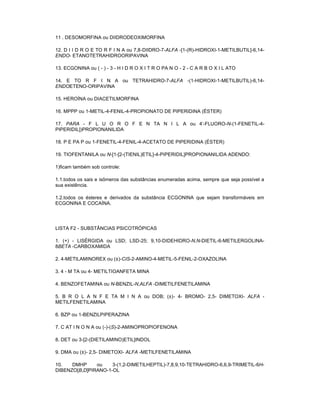 11 . DESOMORFINA ou DIIDRODEOXIMORFINA
12. D I I D R O E TO R F I N A ou 7,8-DIIDRO-7-ALFA -[1-(R)-HIDROXI-1-METILBUTIL]-6,14ENDO- ETANOTETRAHIDROORIPAVINA
13. ECGONINA ou ( - ) - 3 - H I D R O X I T R O PA N O - 2 - C A R B O X I L ATO
14. E TO R F I N A ou TETRAHIDRO-7-ALFA -(1-HIDROXI-1-METILBUTIL)-6,14ENDOETENO-ORIPAVINA
15. HEROÍNA ou DIACETILMORFINA
16. MPPP ou 1-METIL-4-FENIL-4-PROPIONATO DE PIPERIDINA (ÉSTER)
17. PARA - F L U O R O F E N TA N I L A ou 4'-FLUORO-N-(1-FENETIL-4PIPERIDIL])PROPIONANILIDA
18. P E PA P ou 1-FENETIL-4-FENIL-4-ACETATO DE PIPERIDINA (ÉSTER)
19. TIOFENTANILA ou N-[1-[2-(TIENIL)ETIL]-4-PIPERIDIL]PROPIONANILIDA ADENDO:
1)ficam também sob controle:
1.1.todos os sais e isômeros das substâncias enumeradas acima, sempre que seja possível a
sua existência.
1.2.todos os ésteres e derivados da substância ECGONINA que sejam transformáveis em
ECGONINA E COCAÍNA.

LISTA F2 - SUBSTÂNCIAS PSICOTRÓPICAS
1. (+) - LISÉRGIDA ou LSD; LSD-25; 9,10-DIDEHIDRO-N,N-DIETIL-6-METILERGOLINA8BETA -CARBOXAMIDA
2. 4-METILAMINOREX ou (±)-CIS-2-AMINO-4-METIL-5-FENIL-2-OXAZOLINA
3. 4 - M TA ou 4- METILTIOANFETA MINA
4. BENZOFETAMINA ou N-BENZIL-N,ALFA -DIMETILFENETILAMINA
5. B R O L A N F E TA M I N A ou DOB; (±)- 4- BROMO- 2,5- DIMETOXI- ALFA METILFENETILAMINA
6. BZP ou 1-BENZILPIPERAZINA
7. C AT I N O N A ou (-)-(S)-2-AMINOPROPIOFENONA
8. DET ou 3-[2-(DIETILAMINO)ETIL]INDOL
9. DMA ou (±)- 2,5- DIMETOXI- ALFA -METILFENETILAMINA
10.
DMHP
ou
3-(1,2-DIMETILHEPTIL)-7,8,9,10-TETRAHIDRO-6,6,9-TRIMETIL-6HDIBENZO[B,D]PIRANO-1-OL

 