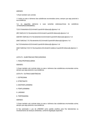 ADENDO:
1) ficam também sob controle:
1.1.todos os sais e isômeros das substâncias enumeradas acima, sempre que seja possível a
sua existência.
1.2. os seguintes isômeros
ETRAHIDROCANNABINOL:

e

suas

variantes

estereoquímicas

da

substância

7,8,9,10-tetrahidro-6,6,9-trimetil-3-pentil-6H-dibenzo[b,d]pirano-1-ol
(9R,10aR)-8,9,10,10a-tetrahidro-6,6,9-trimetil-3-pentil-6H-dibenzo[b,d]pirano-1-ol
(6aR,9R,10aR)-6a,9,10,10a-tetrahidro-6,6,9-trimetil-3-pentil-6H-dibenzo[b,d]pirano-1-ol
(6aR,10aR)-6a,7,10,10a-tetrahidro-6,6,9-trimetil-3-pentil-6H-dibenzo[b,d]pirano-1-ol
6a,7,8,9-tetrahidro-6,6,9-trimetil-3-pentil-6H-dibenzo[b,d]pirano-1-ol
(6aR,10aR)-6a,7,8,9,10,10a-hexahidro-6,6-dimetil-9-metileno-3-pentil-6H-dibenzo[b,d]pirano-1ol

LISTA F3 - SUBSTÂNCIAS PRECURSORAS
1. FENILPROPANOLAMINA
ADENDO:
1) ficam também sob controle todos os sais e isômeros das substâncias enumeradas acima,
sempre que seja possível a sua existência.
LISTA F4 - OUTRAS SUBSTÂNCIAS
1. ESTRICNINA
2. ETRETINATO
3. DEXFENFLURAMINA
4. FENFLURAMINA
5. LINDANO
6. TERFENADINA
ADENDO:
1) ficam também sob controle todos os sais e isômeros das substâncias enumeradas acima,
sempre que seja possível a sua existência.
2) fica autorizado o uso de LINDANO como padrão analítico para fins laboratoriais ou
monitoramento de resíduos ambientais, conforme legislação específica.

 