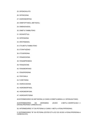 25. DIFENOXILATO
26. DIFENOXINA
27. DIIDROMORFINA
28. DIMEFEPTANOL (METADOL)
29. DIMENOXADOL
30. DIMETILTIAMBUTENO
31. DIOXAFETILA
32. DIPIPANONA
33. DROTEBANOL
34. ETILMETILTIAMBUTENO
35. ETONITAZENO
36. ETOXERIDINA
37. FENADOXONA
38. FENAMPROMIDA
39. FENAZOCINA
40. FENOMORFANO
41. FENOPERIDINA
42. FENTANILA
43. FURETIDINA
44. HIDROCODONA
45. HIDROMORFINOL
46. HIDROMORFONA
47. HIDROXIPETIDINA
48.INTERMEDIÁRIO DA METADONA (4-CIANO-2-DIMETILAMINA-4,4- DIFENILBUTANO)
49.INTERMEDIÁRIO
DA
MORAMIDA
DIFENILPROPANO CARBOXÍLICO)

(ÁCIDO

2-METIL-3-MORFOLINA-1,1-

50. INTERMEDIÁRIO "A" DA PETIDINA (4 CIANO-1-METIL-4-FENILPIPERIDINA)
51.INTERMEDIÁRIO "B" DA PETIDINA (ÉSTER ETÍ-LICO DO ÁCIDO 4-FENILPIPERIDINA-4CARBOXILÍCO)

 