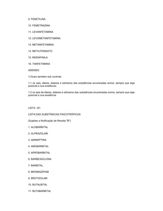 9. FENETILINA
10. FEMETRAZINA
11. LEVANFETAMINA
12. LEVOMETANFETAMINA
13. METANFETAMINA
14. METILFENIDATO
15. MODAFINILA
16. TANFETAMINA
ADENDO:
1) ficam também sob controle:
1.1 os sais, éteres, ésteres e isômeros das substâncias enumeradas acima, sempre que seja
possível a sua existência;
1.2 os sais de éteres, ésteres e isômeros das substâncias enumeradas acima, sempre que seja
possível a sua existência.

LISTA - B1
LISTA DAS SUBSTÂNCIAS PSICOTRÓPICAS
(Sujeitas a Notificação de Receita "B")
1. ALOBARBITAL
2. ALPRAZOLAM
3. AMINEPTINA
4. AMOBARBITAL
5. APROBARBITAL
6. BARBEXACLONA
7. BARBITAL
8. BROMAZEPAM
9. BROTIZOLAM
10. BUTALBITAL
11. BUTABARBITAL

 