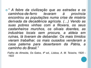 “ A febre da civilização que as estradas e os
 caminhos-de-ferro      levaram   á    província
 encontrou as populações numa crise de miséria
 derivada da decadência agrícola. (…) Vendo as
 suas pobres vinhas com a filoxera, os seus
 castanheiros murchos, os olivais doentes, as
 industrias locais sem procura, a aldeia em
 ruínas, lá tiveram de debandar. Os mais tímidos
 vieram trabalhar, os mais ousados venderam a
 casa paterna para desertarem da Pátria, a
 caminho do Brasil.”
 Fialho de Almeida, Os Gatos, 4º ed., Lisboa, A. M. Teixeira, 1920 -
 1922
 