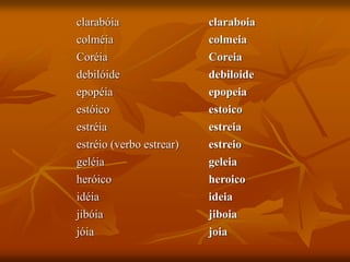 clarabóia claraboia
colméia colmeia
Coréia Coreia
debilóide debiloide
epopéia epopeia
estóico estoico
estréia estreia
estréio (verbo estrear) estreio
geléia geleia
heróico heroico
idéia ideia
jibóia jiboia
jóia joia
 