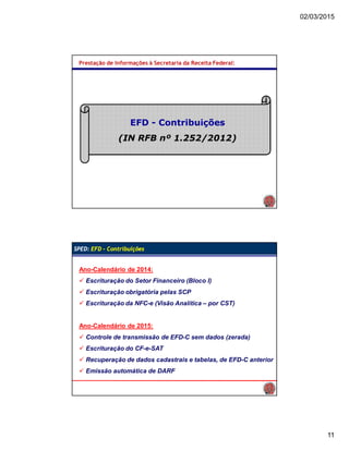 02/03/2015
11
Prestação de Informações à Secretaria da Receita Federal:
EFD - Contribuições
(IN RFB nº 1.252/2012)
SPED: EFD - Contribuições
Ano-Calendário de 2014:
 Escrituração do Setor Financeiro (Bloco I)
 Escrituração obrigatória pelas SCP
 Escrituração da NFC-e (Visão Analítica – por CST)
Ano-Calendário de 2015:
 Controle de transmissão de EFD-C sem dados (zerada)
 Escrituração do CF-e-SAT
 Recuperação de dados cadastrais e tabelas, de EFD-C anterior
 Emissão automática de DARF
 