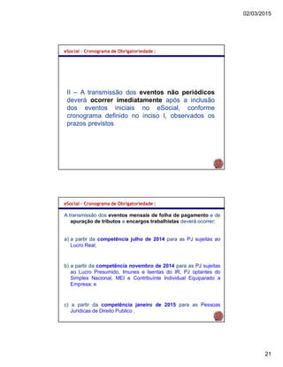 02/03/2015
21
eSocial – Cronograma de Obrigatoriedade :
II – A transmissão dos eventos não periódicos
deverá ocorrer imediatamente após a inclusão
dos eventos iniciais no eSocial, conforme
cronograma definido no inciso I, observados os
prazos previstos
eSocial – Cronograma de Obrigatoriedade :
A transmissão dos eventos mensais de folha de pagamento e de
apuração de tributos e encargos trabalhistas deverá ocorrer:
a) a partir da competência julho de 2014 para as PJ sujeitas ao
Lucro Real;
b) a partir da competência novembro de 2014 para as PJ sujeitas
ao Lucro Presumido, Imunes e Isentas do IR, PJ optantes do
Simples Nacional, MEI e Contribuínte Individual Equiparado a
Empresa; e
c) a partir da competência janeiro de 2015 para as Pessoas
Jurídicas de Direito Publico .
 