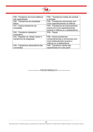 83
Este material deve ser utilizado apenas como parâmetro de estudo deste Programa. Os créditos deste conteúdo são dados a seus respectivos autores
F39 - Transtorno do humor [afetivo]
não especificado
F92 – Transtornos mistos de conduta
e emoção
F40 - Transtornos de ansiedade
fóbica
F93 - Transtornos emocionais com
início especificamente na infância
F41 - Outros transtornos de
ansiedade
F94 - Transtornos do funcionamento
social com início especificamente
durante a infância ou a adolescência
F42 - Transtorno obsessivo-
compulsivo
F95 - Tiques
F43 - Reações ao "stress" grave e
transtornos de adaptação
F98 - Outros transtornos
comportamentais e emocionais com
início habitualmente durante a
infância ou a adolescência
F44 - Transtornos dissociativos [de
conversão]
F99 - Transtorno mental não
especificado em outra parte
------------------- FIM DO MÓDULO II --------------------
 