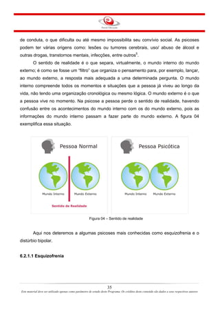 de conduta, o que dificulta ou até mesmo impossibilita seu convívio social. As psicoses
podem ter várias origens como: lesões ou tumores cerebrais, uso/ abuso de álcool e
outras drogas, transtornos mentais, infecções, entre outros5
.
O sentido de realidade é o que separa, virtualmente, o mundo interno do mundo
externo; é como se fosse um “filtro” que organiza o pensamento para, por exemplo, lançar,
ao mundo externo, a resposta mais adequada a uma determinada pergunta. O mundo
interno compreende todos os momentos e situações que a pessoa já viveu ao longo da
vida, não tendo uma organização cronológica ou mesmo lógica. O mundo externo é o que
a pessoa vive no momento. Na psicose a pessoa perde o sentido de realidade, havendo
confusão entre os acontecimentos do mundo interno com os do mundo externo, pois as
informações do mundo interno passam a fazer parte do mundo externo. A figura 04
exemplifica essa situação.
Figura 04 – Sentido de realidade
Aqui nos deteremos a algumas psicoses mais conhecidas como esquizofrenia e o
distúrbio bipolar.
6.2.1.1 Esquizofrenia
35
Este material deve ser utilizado apenas como parâmetro de estudo deste Programa. Os créditos deste conteúdo são dados a seus respectivos autores
 