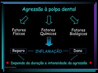 Agressão à polpa dental
Fatores
Físicos
Fatores
Químicos
Fatores
Biológicos
INFLAMAÇÃO
Reparo Dano
Depende da duração e intensidade da agressão
Patrícia Ruiz
 