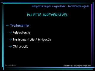 PULPITE IRREVERSÍVEL
Resposta pulpar à agressão – Inflamação aguda
 Tratamento:
 Pulpectomia
 Instrumentção / irrigação
 Obturação
Patrícia Ruiz SIQUEIRA JÚNIOR; RÔÇAS; LOPES, 2010
 