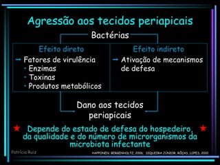 Bactérias
Dano aos tecidos
periapicais
Efeito direto
 Fatores de virulência
• Enzimas
• Toxinas
• Produtos metabólicos
Efeito indireto
 Ativação de mecanismos
de defesa
Agressão aos tecidos periapicais
Depende do estado de defesa do hospedeiro,
da qualidade e do número de microrganismos da
microbiota infectante
HAPPONEN; BERGENHOLTZ, 2006; SIQUEIRA JÚNIOR, RÔÇAS, LOPES, 2010
Patrícia Ruiz
 