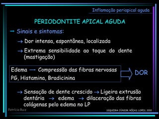  Sinais e sintomas:
 Dor intensa, espontânea, localizada
 Extrema sensibilidade ao toque do dente
(mastigação)
Inflamação periapical aguda
PERIODONTITE APICAL AGUDA
DOR
Edema Compressão das fibras nervosas
PG, Histamina, Bradicinina
 Sensação de dente crescido  Ligeira extrusão
dentária  edema  dilaceração das fibras
colágenas pelo edema no LP
Patrícia Ruiz SIQUEIRA JÚNIOR; RÔÇAS; LOPES, 2010
 