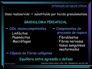 Inflamação periapical crônica
GRANULOMA PERIAPICAL
 Componentes do
processo de reparo
• Fibroblastos
• Fibras nervosas
• Vasos sanguíneos
neoformados
Osso reabsorvido  substituído por tecido granulomatoso
 Céls. imunocompetentes
• Linfócitos
• Plasmócitos
• Macrófagos
 Cápsula de fibras colágenas
Equilíbrio entre agressão e defesa
SIQUEIRA JÚNIOR; RÔÇAS; LOPES, 2010; TORABINEJAD; WALTON, 1994
Patrícia Ruiz
 