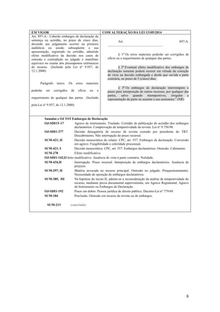 8
EM VIGOR COM ALTERAÇÃO DA LEI 13105/2014
Art. 897-A - Caberão embargos de declaração da
sentença ou acórdão, no prazo de cinco dias,
devendo seu julgamento ocorrer na primeira
audiência ou sessão subseqüente a sua
apresentação, registrado na certidão, admitido
efeito modificativo da decisão nos casos de
omissão e contradição no julgado e manifesto
equívoco no exame dos pressupostos extrínsecos
do recurso. (Incluído pela Lei nº 9.957, de
12.1.2000)
Parágrafo único. Os erros materiais
poderão ser corrigidos de ofício ou a
requerimento de qualquer das partes. (Incluído
pela Lei nº 9.957, de 12.1.2000)
Art. 897-A.
..................................................................
§ 1o
Os erros materiais poderão ser corrigidos de
ofício ou a requerimento de qualquer das partes.
§ 2o
Eventual efeito modificativo dos embargos de
declaração somente poderá ocorrer em virtude da correção
de vício na decisão embargada e desde que ouvida a parte
contrária, no prazo de 5 (cinco) dias.
§ 3o
Os embargos de declaração interrompem o
prazo para interposição de outros recursos, por qualquer das
partes, salvo quando intempestivos, irregular a
representação da parte ou ausente a sua assinatura.” (NR)
Sumulas e OJ TST Embargos de Declaração
OJ-SDI1T-17 Agravo de instrumento. Traslado. Certidão de publicação do acórdão dos embargos
declaratórios. Comprovação de tempestividade da revista. Lei nº 9.756/98.
OJ-SDI1-377 Decisão denegatória de recurso de revista exarado por presidente do TRT.
Descabimento. Não interrupção do prazo recursal.
SUM-421, II Decisão monocrática do relator. CPC, art. 557. Embargos de declaração. Conversão
em agravo. Fungibilidade e celeridade processual.
SUM-421, I Decisão monocrática. CPC, art. 557. Embargos declaratórios. Omissão. Cabimento.
SUM-278 Efeito modificativo.
OJ-SDI1-142,IEfeito modificativo. Ausência de vista à parte contrária. Nulidade.
SUM-434,II Interrupção. Prazo recursal. Interposição de embargos declaratórios. Ausência de
prejuízo.
SUM-297, II Matéria invocada no recurso principal. Omissão no julgado. Prequestionamento.
Necessidade de oposição de embargos declaratórios.
SUM-385, III Na hipótese do inciso II, admite-se a reconsideração da análise da tempestividade do
recurso, mediante prova documental superveniente, em Agravo Regimental, Agravo
de Instrumento ou Embargos de Declaração.
OJ-SDI1-192 Prazo em dobro. Pessoa jurídica de direito público. Decreto-Lei nº 779/69.
SUM-184 Preclusão. Omissão em recurso de revista ou de embargos.
SUM-213 (cancelada)
 