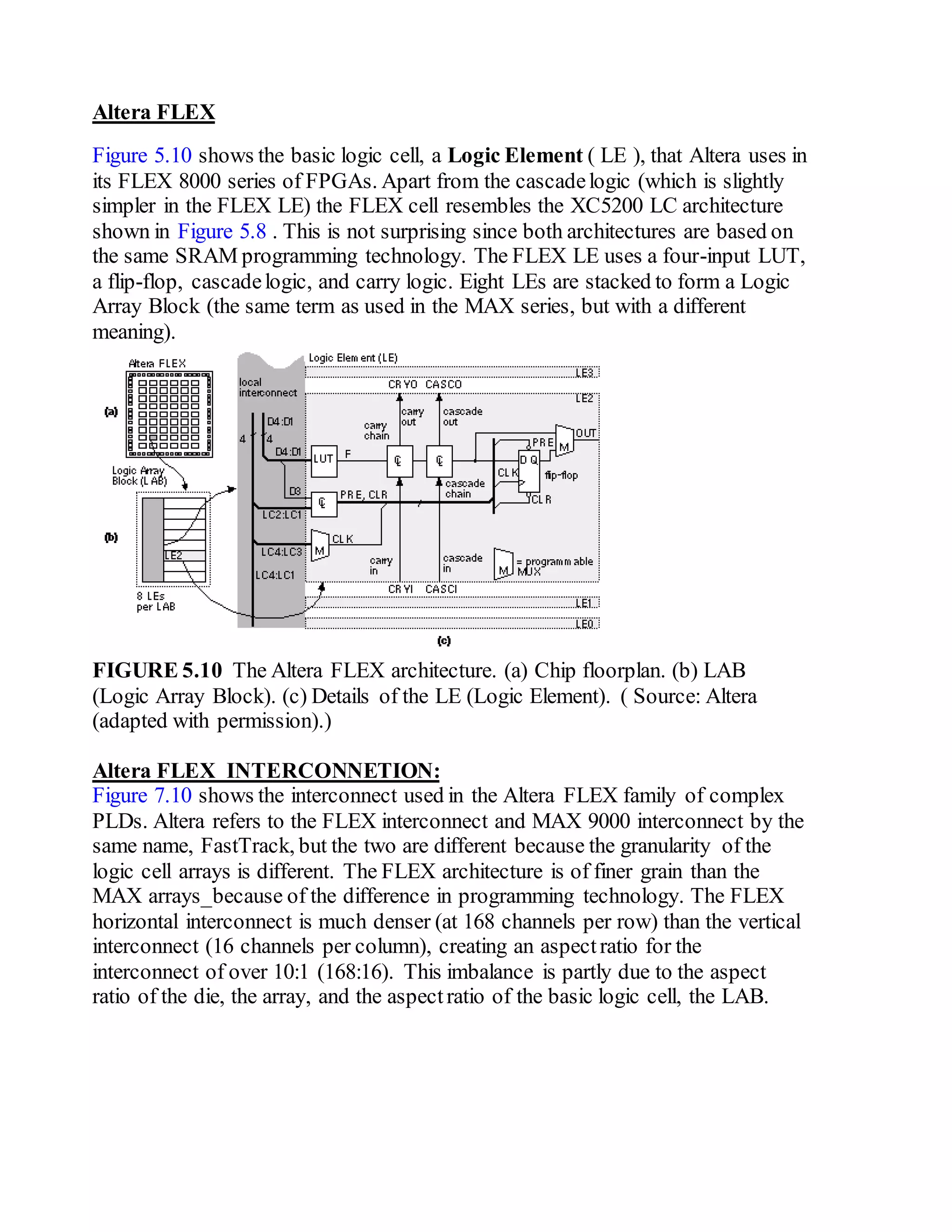 Altera FLEX
Figure 5.10 shows the basic logic cell, a Logic Element ( LE ), that Altera uses in
its FLEX 8000 series of FPGAs. Apart from the cascadelogic (which is slightly
simpler in the FLEX LE) the FLEX cell resembles the XC5200 LC architecture
shown in Figure 5.8 . This is not surprising since both architectures are based on
the same SRAM programming technology. The FLEX LE uses a four-input LUT,
a flip-flop, cascadelogic, and carry logic. Eight LEs are stacked to form a Logic
Array Block (the same term as used in the MAX series, but with a different
meaning).
FIGURE 5.10 The Altera FLEX architecture. (a) Chip floorplan. (b) LAB
(Logic Array Block). (c) Details of the LE (Logic Element). ( Source: Altera
(adapted with permission).)
Altera FLEX INTERCONNETION:
Figure 7.10 shows the interconnect used in the Altera FLEX family of complex
PLDs. Altera refers to the FLEX interconnect and MAX 9000 interconnect by the
same name, FastTrack, but the two are different because the granularity of the
logic cell arrays is different. The FLEX architecture is of finer grain than the
MAX arrays_because of the difference in programming technology. The FLEX
horizontal interconnect is much denser (at 168 channels per row) than the vertical
interconnect (16 channels per column), creating an aspectratio for the
interconnect of over 10:1 (168:16). This imbalance is partly due to the aspect
ratio of the die, the array, and the aspectratio of the basic logic cell, the LAB.
 