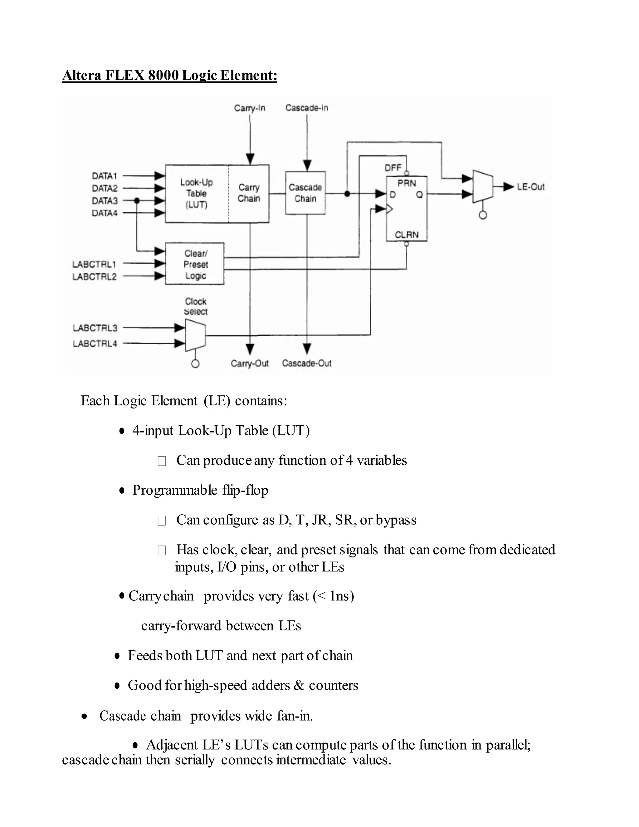 Altera FLEX 8000 Logic Element:
Each Logic Element (LE) contains:
● 4-input Look-Up Table (LUT)
Can produceany function of 4 variables
● Programmable flip-flop
Can configure as D, T, JR, SR, or bypass
Has clock, clear, and preset signals that can come from dedicated
inputs, I/O pins, or other LEs
● Carrychain provides very fast (< 1ns)
carry-forward between LEs
● Feeds both LUT and next part of chain
● Good forhigh-speed adders & counters
 Cascade chain provides wide fan-in.
● Adjacent LE’s LUTs can compute parts of the function in parallel;
cascadechain then serially connects intermediate values.
 