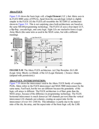 Altera FLEX
Figure 5.10 shows the basic logic cell, a Logic Element ( LE ), that Altera uses in
its FLEX 8000 series of FPGAs. Apart from the cascadelogic (which is slightly
simpler in the FLEX LE) the FLEX cell resembles the XC5200 LC architecture
shown in Figure 5.8 . This is not surprising since both architectures are based on
the same SRAM programming technology. The FLEX LE uses a four-input LUT,
a flip-flop, cascadelogic, and carry logic. Eight LEs are stacked to form a Logic
Array Block (the same term as used in the MAX series, but with a different
meaning).
FIGURE 5.10 The Altera FLEX architecture. (a) Chip floorplan. (b) LAB
(Logic Array Block). (c) Details of the LE (Logic Element). ( Source: Altera
(adapted with permission).)
Altera FLEX INTERCONNETION:
Figure 7.10 shows the interconnect used in the Altera FLEX family of complex
PLDs. Altera refers to the FLEX interconnect and MAX 9000 interconnect by the
same name, FastTrack, but the two are different because the granularity of the
logic cell arrays is different. The FLEX architecture is of finer grain than the
MAX arrays_because of the difference in programming technology. The FLEX
horizontal interconnect is much denser (at 168 channels per row) than the vertical
interconnect (16 channels per column), creating an aspectratio for the
interconnect of over 10:1 (168:16). This imbalance is partly due to the aspect
ratio of the die, the array, and the aspectratio of the basic logic cell, the LAB.
 