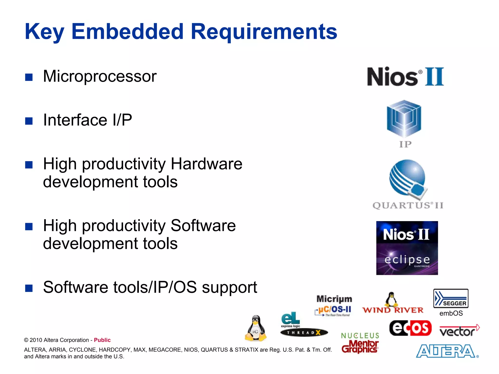 Key Embedded Requirements
       Microprocessor

       Interface I/P

       High productivity Hardware
       development tools

       High productivity Software
       development tools

       Software tools/IP/OS support
                                                                                                         embOS


© 2010 Altera Corporation - Public
ALTERA, ARRIA, CYCLONE, HARDCOPY, MAX, MEGACORE, NIOS, QUARTUS & STRATIX are Reg. U.S. Pat. & Tm. Off.
and Altera marks in and outside the U.S.
 