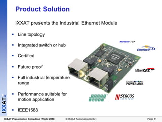 Product Solution
          IXXAT presents the Industrial Ethernet Module

            Line topology
                                                                     Modbus-TCP
            Integrated switch or hub

            Certified

            Future proof

            Full industrial temperature
            range

            Performance suitable for
IXXAT




            motion application

            IEEE1588
  IXXAT Presentation Embedded World 2010   © IXXAT Automation GmbH                Page 11
 