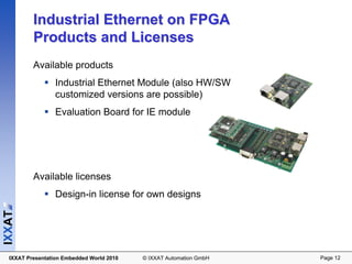 Industrial Ethernet on FPGA
          Products and Licenses
          Available products
                  Industrial Ethernet Module (also HW/SW
                  customized versions are possible)
                  Evaluation Board for IE module




          Available licenses
                  Design-in license for own designs
IXXAT




  IXXAT Presentation Embedded World 2010   © IXXAT Automation GmbH   Page 12
 