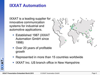 IXXAT Automation


          IXXAT is a leading supplier for
          innovative communication
          systems for industrial and
          automotive applications.
                  Established 1987 (IXXAT
                  Automation GmbH since
                  1998)
                  Over 20 years of profitable
                  growth
                  Represented in more than 15 countries worldwide
IXXAT




                  IXXAT Inc. US branch office in New Hampshire


  IXXAT Presentation Embedded World 2010   © IXXAT Automation GmbH   Page 3
 
