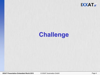 IXXAT




                                         Challenge




IXXAT Presentation Embedded World 2010   © IXXAT Automation GmbH       Page 4
 