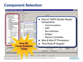 Component Selection


                                                                          Pool of “SOPC Builder Ready”
                                                                          Pool of “SOPC Builder Ready”
                                                                          Components
                                                                          Components
                                                                            −−   Communications
                                                                                 Communications
                                                                            −−   DSP
                                                                                 DSP
                                                                            −−   Bus Interfaces
                                                                                 Bus Interfaces
                                                                            −−   Bridges
                                                                                 Bridges
                                                                            −−   Memory Controllers
                                                                                 Memory Controllers
                                                                          Nios & Nios II®®Processors
                                                                          Nios & Nios II Processors
                            Over 60                                       Third Party IP Support
                                                                          Third Party IP Support
                         Cores Available
                             Today


© 2010 Altera Corporation—Public
ALTERA, ARRIA, CYCLONE, HARDCOPY, MAX, MEGACORE, NIOS, QUARTUS & STRATIX are Reg. U.S. Pat. & Tm. Off.
and Altera marks in and outside the U.S.
 