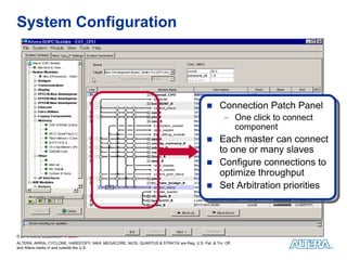 System Configuration




                                                                                                Connection Patch Panel
                                                                                                Connection Patch Panel
                                                                                                  −− One click to connect
                                                                                                      One click to connect
                                                                                                     component
                                                                                                      component
                                                                                                Each master can connect
                                                                                                 Each master can connect
                                                                                                to one or many slaves
                                                                                                 to one or many slaves
                                                                                                Configure connections to
                                                                                                 Configure connections to
                                                                                                optimize throughput
                                                                                                 optimize throughput
                                                                                                Set Arbitration priorities
                                                                                                 Set Arbitration priorities



© 2010 Altera Corporation—Public
ALTERA, ARRIA, CYCLONE, HARDCOPY, MAX, MEGACORE, NIOS, QUARTUS & STRATIX are Reg. U.S. Pat. & Tm. Off.
and Altera marks in and outside the U.S.
 