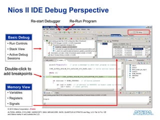 Nios II IDE Debug Perspective
                            Re-start Debugger                    Re-Run Program



  Basic Debug
 • Run Controls
 • Stack View
 • Active Debug
 Sessions


Double-click to
add breakpoints


 Memory View
 • Variables
 • Registers
 • Signals
  © 2010 Altera Corporation—Public
  ALTERA, ARRIA, CYCLONE, HARDCOPY, MAX, MEGACORE, NIOS, QUARTUS & STRATIX are Reg. U.S. Pat. & Tm. Off.
  and Altera marks in and outside the U.S.
 