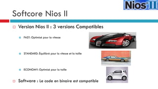 Softcore Nios II
   Version Nios II : 3 versions Compatibles
       FAST: Optimisé pour la vitesse




       STANDARD: Équilibré pour la vitesse et la taille




       ECONOMY: Optimisé pour la taille


   Software : Le code en binaire est compatible
 