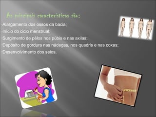 As principais características são:  Alargamento dos ossos da bacia;  Início do ciclo menstrual;  Surgimento de pêlos nos púbis e nas axilas;  Depósito de gordura nas nádegas, nos quadris e nas coxas;  Desenvolvimento dos seios. 