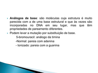  Análogos de base: são moléculas cuja estrutura é muito
parecida com a de uma base estrutural e que às vezes são
incorporadas no DNA em seu lugar, mas que têm
propriedades de pareamento diferentes.
 Podem levar a mutação por substituição de base.
5-bromouracil: análogo da timina
-Normal: pareia com adenina
- Ionizado: pareia com a guanina
 