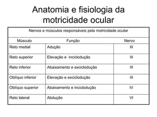 Anatomia e fisiologia da 
motricidade ocular 
Nervos e músculos responsáveis pela motricidade ocular 
Músculo Função Nervo 
Reto medial Adução III 
Reto superior Elevação e inciclodução III 
Reto inferior Abaixamento e exciclodução III 
Oblíquo inferior Elevação e exciclodução III 
Oblíquo superior Abaixamento e inciclodução IV 
Reto lateral Abdução VI 
 