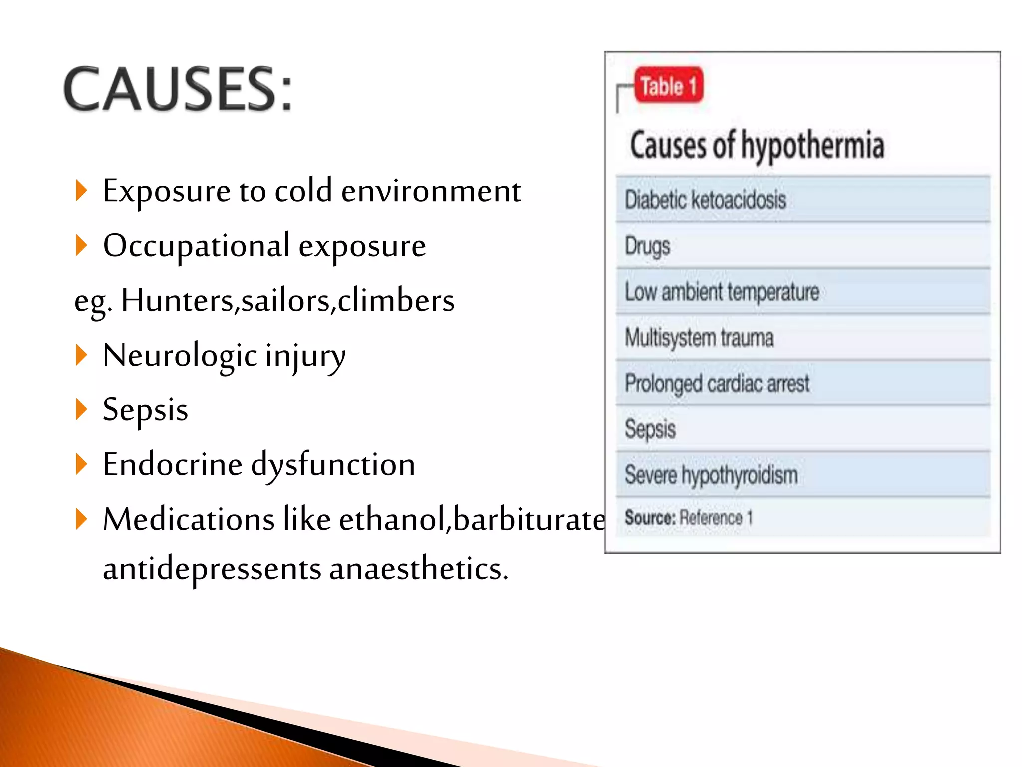  Exposure to cold environment
 Occupational exposure
eg. Hunters,sailors,climbers
 Neurologic injury
 Sepsis
 Endocrine dysfunction
 Medications likeethanol,barbiturates,benzodiazepines,
antidepressentsanaesthetics.
 