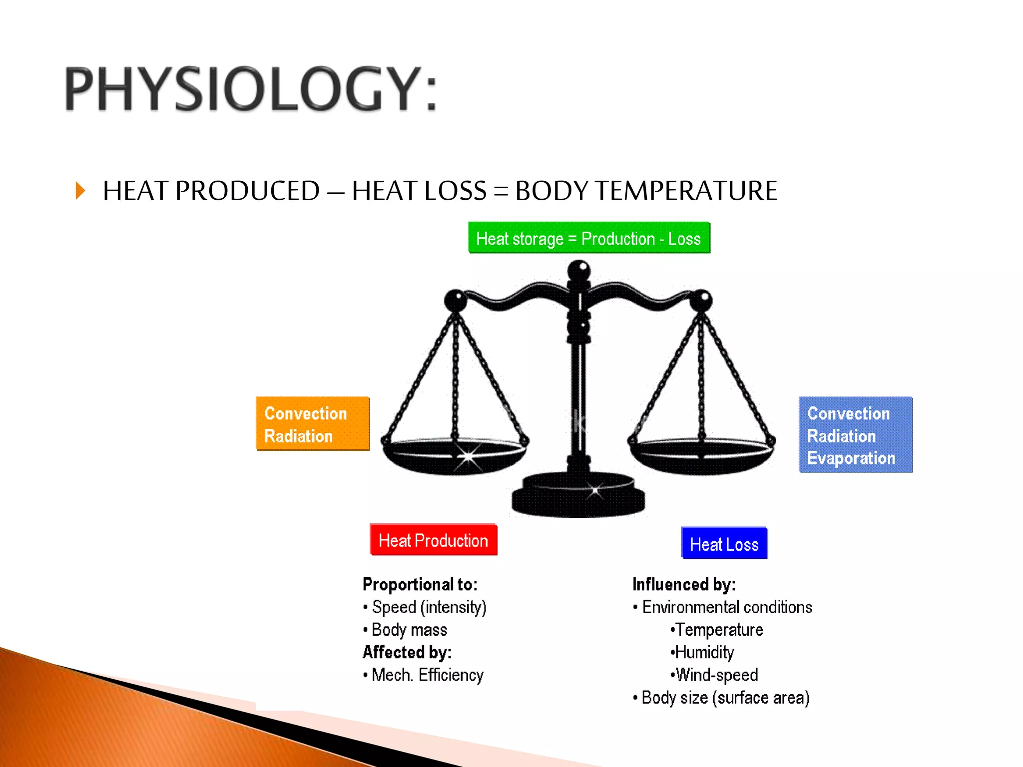  HEAT PRODUCED–HEATLOSS = BODYTEMPERATURE
 