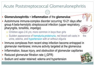 Acute Poststreptococcal Glomerulonephritis
111
 Glomerulonephritis = inflammation of the glomerulus
 Autoimmune immune-complex disorder occurring 10-21 days after
group A beta-hemolytic streptococcal infection (upper respiratory,
pharyngitis, tonsillitis, impetigo)
 Children ages 2-6 yrs; more common in boys than girls
 Sudden appearance of hematuria,proteinuria, red blood cell casts in the
urine, edema, and hypertension with or without oliguria
 Immune complexes from recent strep infection become entrapped in
glomerular membrane; immune activity targeted at the glomerulus
 Inflammation, tissue injury, and obstruction of glomerular capillaries
 Reduced glomerular filtration rate (↓GFR)
 Sodium and water retained: edema and hypertension
 