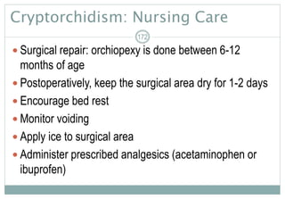 Cryptorchidism: Nursing Care
 Surgical repair: orchiopexy is done between 6-12
months of age
 Postoperatively, keep the surgical area dry for 1-2 days
 Encourage bed rest
 Monitor voiding
 Apply ice to surgical area
 Administer prescribed analgesics (acetaminophen or
ibuprofen)
172
 