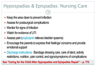 79
Hypospadias & Epispadias: Nursing Care
 Keeptheareacleantopreventinfection
 Assessforpostsurgicalcomplications
 Monitorforsignsofinfection
 WatchforevidenceofUTI
 Assesspain(oxybutyninrelievesbladderspasms)
 Encouragetheparentstoexpresstheirfeelings/concernsandprovide
emotionalsupport
 Dischargeinstructions: Bandagedressingcare,careofstent,activity
restrictions,nutrition,paincontrol,andsigns/symptomsofcomplications
79
See “Caring for the Child After Hypospadias and Epispadias Repair” – p. 772
 