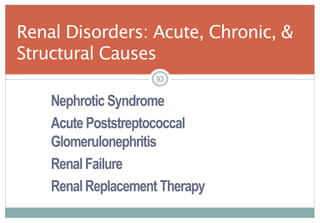 93
Nephrotic Syndrome
Acute Poststreptococcal
Glomerulonephritis
RenalFailure
RenalReplacement Therapy
Renal Disorders: Acute, Chronic, &
Structural Causes
9393
 