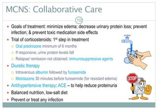 102
MCNS: Collaborative Care
 Goals of treatment: minimize edema; decrease urinary protein loss; prevent
infection; & prevent toxic medication side effects
 Trial of corticosteroids: 1st step in treatment
 Oral prednisone minimum of 6 months
 If responsive, urine protein levels fall
 Relapse/ remission not obtained: immunosuppressive agents
 Diuretic therapy
 Intravenous albumin followed by furosemide
 Metolazone 30 minutes before furosemide (for resistant edema)
 Antihypertensive therapy: ACE – to help reduce proteinuria
 Balanced nutrition, low-salt diet
 Prevent or treat any infection
102
 