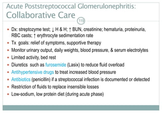119
 Dx: streptozyme test; ↓ H & H; ↑ BUN, creatinine; hematuria, proteinuria,
RBC casts; ↑ erythrocyte sedimentation rate
 Tx goals: relief of symptoms, supportive therapy
 Monitor urinary output, daily weights, blood pressure, & serum electrolytes
 Limited activity, bed rest
 Diuretics such as furosemide (Lasix) to reduce fluid overload
 Antihypertensive drugs to treat increased blood pressure
 Antibiotics (penicillin) if a streptococcal infection is documented or detected
 Restriction of fluids to replace insensible losses
 Low-sodium, low protein diet (during acute phase)
119119
Acute Poststreptococcal Glomerulonephritis:
Collaborative Care
 