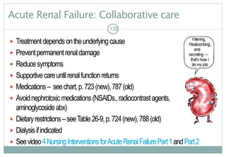 139
Acute Renal Failure: Collaborative care
 Treatmentdependsontheunderlyingcause
 Preventpermanentrenaldamage
 Reducesymptoms
 Supportivecareuntilrenalfunctionreturns
 Medications– seechart,p.723(new),787(old)
 Avoidnephrotoxicmedications(NSAIDs.,radiocontrastagents,
aminoglycosideabx)
 Dietaryrestrictions–seeTable26-9,p.724(new),788(old)
 Dialysisifindicated
 Seevideo4NursingInterventionsforAcuteRenalFailurePart1andPart2
139139
 