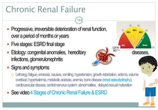 144
Chronic Renal Failure
 Progressive,irreversibledeteriorationofrenalfunction, usually
overaperiodofmonthsoryears
 Fivestages:ESRDfinalstage
 Etiology:congenitalanomalies, hereditary diseases,
infections,glomerulonephritis
 Signsandsymptoms
 Lethargy,fatigue,anorexia,nausea,vomiting,hypertension,growthretardation,edema,volume
overload,hyperkalemia,metabolicacidosis,anemia,bonedisease(renalosteodystrophy),
cardiovasculardisease,centralnervoussystem abnormalities, delayedsexualmaturation
 Seevideo4StagesofChronicRenalFailure&ESRD
144
 