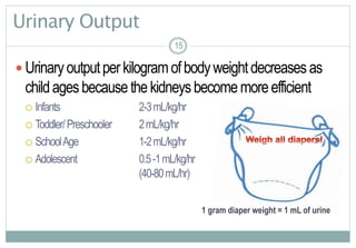 15
Urinary Output
 Urinaryoutputperkilogramofbodyweightdecreasesas
childagesbecausethekidneysbecomemoreefficient
 Infants 2-3mL/kg/hr
 Toddler/Preschooler 2mL/kg/hr
 SchoolAge 1-2mL/kg/hr
 Adolescent 0.5-1mL/kg/hr
(40-80mL/hr)
1515
1 gram diaper weight = 1 mL of urine
 