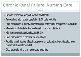 Chronic Renal Failure: Nursing Care
 Provideemotionalsupport tochildandfamily
 Assesshydrationstatuscarefully:I&O,dailyweights
 Fluidrestrictions&dietaryrestrictionson potassium,phosphorus,&sodium
 Maintainstrictsteriletechnique&watchforsignsofinfection
 Monitorserumelectrolytelevels;H&H
 Givemedications&monitorforsideeffects
 Providesmall,frequentfeedings;presentmealsattractively;developmeal
plansthatfitarestricteddiet
 Dischargeplanningandhomecareteaching
152
 