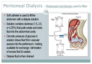 Peritoneal Dialysis –Peritonealmembraneusedtofilter
 Softcatheterisusedtofillthe
abdomenwithadialysissolution
 Solutioncontainsdextrose(1.5,2.5,
or4.25%)thatpullswasteandextra
fluidintotheabdominalcavity
 Osmoticpressureofglucosein
solutiondrawsfluidfromvascular
spacesintotheperitoneum,making
availableforexchange/elimination
ofexcessfluid&wastes
 Dialysisfluidisthendrained
156156156
 