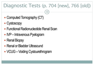 40
Diagnostic Tests (p. 704 [new], 766 [old])
 ComputedTomography(CT)
 Cystoscopy
 FunctionalRadionucleotideRenalScan
 IVP–IntravenousPyelogram
 RenalBiopsy
 RenalorBladderUltrasound
 VCUG–VoidingCystourethrogram
4040
 