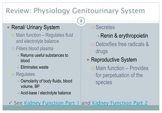 8
Review: Physiology Genitourinary System
 Renal/ Urinary System
 Main function – Regulates fluid
and electrolyte balance
 Filters blood plasma
 Returns useful substances to
blood
 Eliminates waste
 Regulates
 Osmolarity of body fluids, blood
volume, BP
 Acid-base / electrolyte balance
 Secretes
Renin & erythropoietin
 Detoxifies free radicals &
drugs
 Reproductive System
 Main function – Provides
for perpetuation of the
species
88
 See Kidney Function Part 1 and Kidney Function Part 2
 