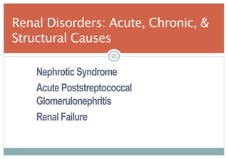 93
Nephrotic Syndrome
Acute Poststreptococcal
Glomerulonephritis
RenalFailure
Renal Disorders: Acute, Chronic, &
Structural Causes
9393
 