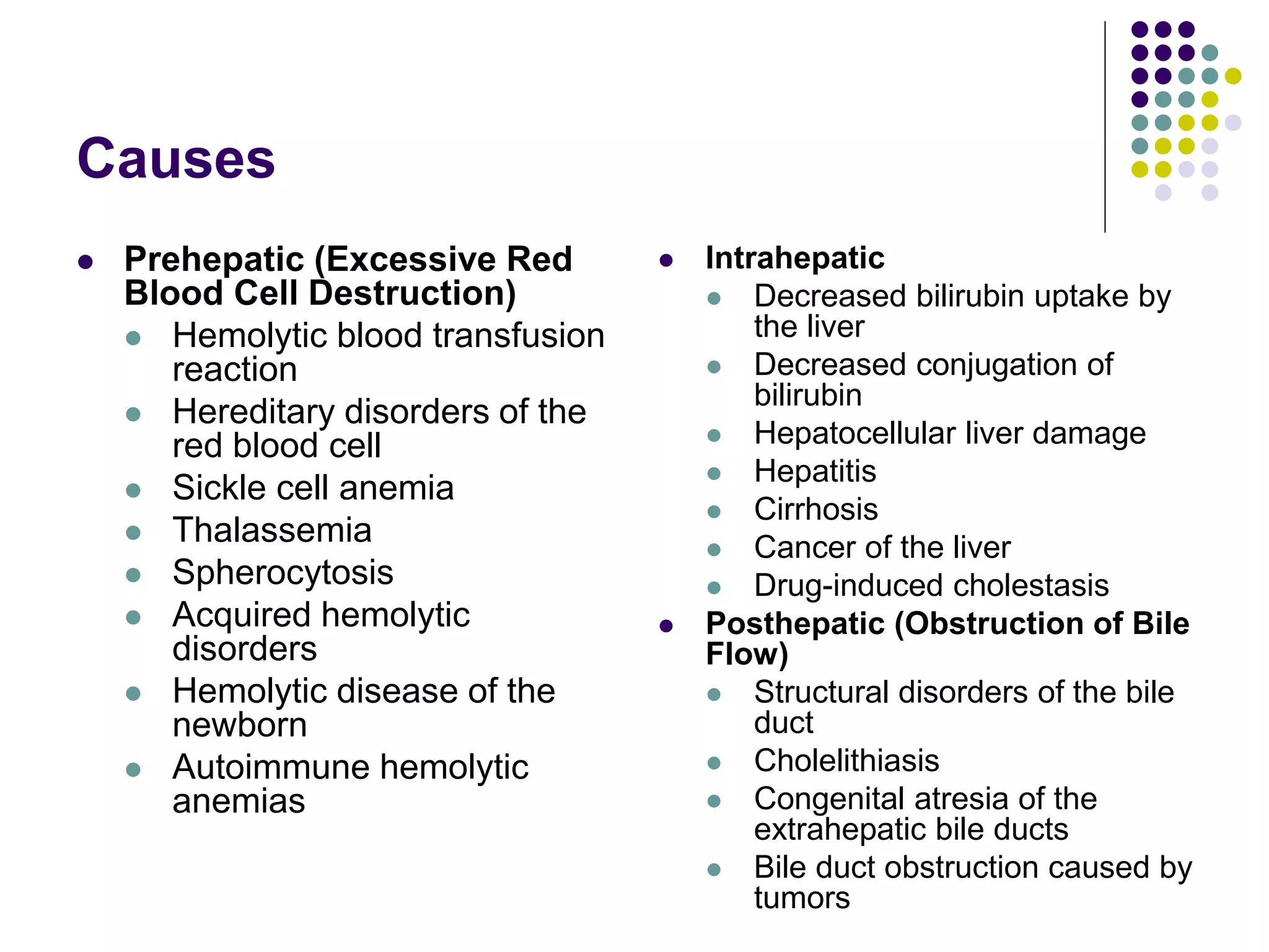 Causes
 Prehepatic (Excessive Red
Blood Cell Destruction)
 Hemolytic blood transfusion
reaction
 Hereditary disorders of the
red blood cell
 Sickle cell anemia
 Thalassemia
 Spherocytosis
 Acquired hemolytic
disorders
 Hemolytic disease of the
newborn
 Autoimmune hemolytic
anemias
 Intrahepatic
 Decreased bilirubin uptake by
the liver
 Decreased conjugation of
bilirubin
 Hepatocellular liver damage
 Hepatitis
 Cirrhosis
 Cancer of the liver
 Drug-induced cholestasis
 Posthepatic (Obstruction of Bile
Flow)
 Structural disorders of the bile
duct
 Cholelithiasis
 Congenital atresia of the
extrahepatic bile ducts
 Bile duct obstruction caused by
tumors
 