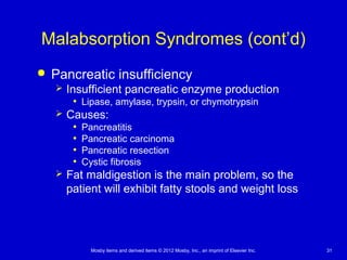 Mosby items and derived items © 2012 Mosby, Inc., an imprint of Elsevier Inc. 31
Malabsorption Syndromes (cont’d)
 Pancreatic insufficiency
 Insufficient pancreatic enzyme production
• Lipase, amylase, trypsin, or chymotrypsin
 Causes:
• Pancreatitis
• Pancreatic carcinoma
• Pancreatic resection
• Cystic fibrosis
 Fat maldigestion is the main problem, so the
patient will exhibit fatty stools and weight loss
 